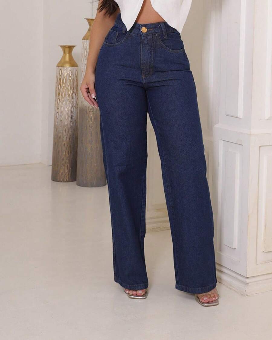 Women's Wide Leg Jeans, 100% Denim Fabric, High Waist On - Rửa tối - Xem 1