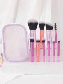 10pcs Mini Mesh Makeup Brush Set, Soft Hair Powder Blush Eye Shadow Nose Contour Makeup Brushes, Portable - Multicolor - View 10