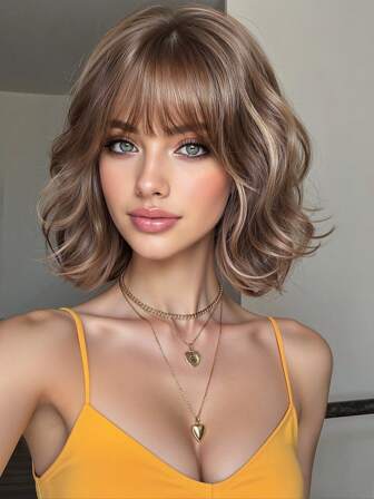 10 INCH Linen Brown Short Wavy Hair Synthetic Heat-Resistant Wig Women's Wigs With Bangs Are Ideal For Everyday And Party Cosplay Use