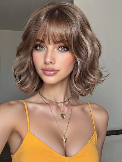 10英寸亚麻棕色短款波浪卷发合成耐热假发，带刘海，适合日常佩戴、派对和角色扮演