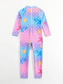 少女卡通美人鱼鳞片印花长袖拉链连体泳衣 - 彩色 - 查看 2