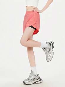 女士二合一健身短裤 - 高弹力网球和跑步短裤，双层设计，结合瑜伽和运动服的优点，短款骑行短裤 - 玫紅色 - 查看 3