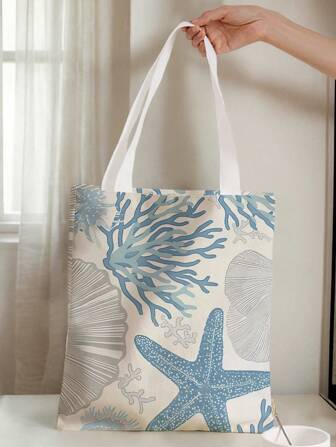 1 pieza Bolso de hombro con estampado de tortuga, coral y estrella de mar de doble cara, bolso de playa casual y de viaje de gran capacidad, reutilizable para adolescentes, bolsa de lona casual de playa, bolsa de compras