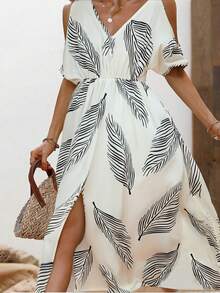 Vestido Con Estampado De Hojas De Estilo Festivo De Verano, Elegante Vestido Largo Con Abertura y Cuello En V De Manga Corta - Blanco - Ver 4