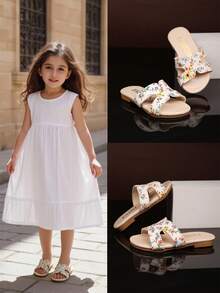 1 双幼儿/女童时尚一脚蹬拖鞋，彩色柔软 PU 材质圆头露趾平底舒适可爱罗马沙滩凉鞋，适合 3-15 岁女孩，休闲、沙滩、夏季新品