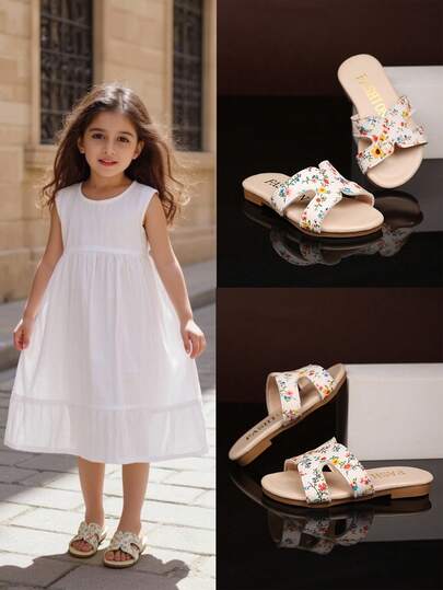 1 Pair Toddler/Girls' Fashion Slip-On Slippers, Colorful Soft PU Material Round Toe Open Toe Flat Comfy Cute Roman Beach Sandals, Suitable For 3-15 Years Old Girls, Casual, Beach, Summer New Arrival