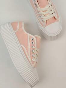 Zapatillas blancas de cordones y puntera redonda, zapatos de plataforma casual versátil con suela gruesa, de unicolor en estilo colegial, con tejido deportivo de trama y ribete contrastante, aptos para la playa, la oficina, el hogar, primavera, verano, otoño e invierno - Rosa - Ver 7