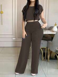 Women's Casual & Elegant Solid Color Pocket Suit, 2 Pcs Set, Spring/Summer - 咖啡 - 查看 2