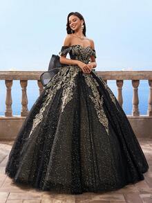 Vestidos de bola estilo Bridgerton con hombros descubiertos y malla negra para mujeres, vestido de novia de línea A de manga abullonada extra grande para la novia - Negro - Ver 9