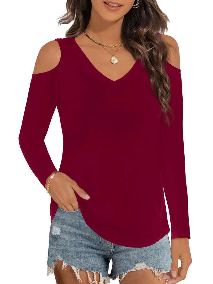 tooluck Women's Elegant Deep V Neck Off Shoulder Long Sleeve Top Slim Fit - 酒紅色 - 查看 1