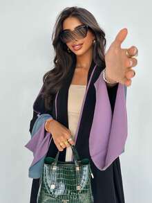 1 件时尚简约撞色袖饰女士纯色中东风格长裙优雅开衫长款阿巴亚连衣裙，适合日常和节日场合 - 紫色 - 查看 5