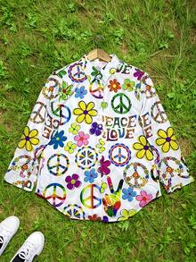 彩色印花休闲衬衫 - 单排扣长袖翻领上衣 - 适合所有季节，居家、户外或办公室春季均可穿着 - 花色6 - 查看 5