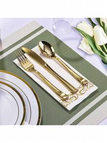 150pcs Gold Plastic Cutlery Set, 50pcs Spoons, 50pcs Forks, 50pcs Knives, Reusable And Washable, Suitable For Parties, Holidays, Birthdays, Weddings, Outdoor Events, Home Gatherings, Cakes, Salads, Etc. - Gold - View 5