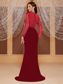 Vestido de fiesta para mujer con escote profundo en V, manga larga, abertura alta y adornos de perlas y rhinestones - Burdeos - Ver 2