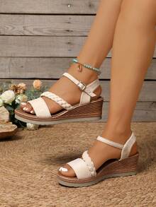 大码女士坡跟凉鞋，2025夏季新款时尚仙女风纯色度假波西米亚风高跟鞋，旅行必备 - 米色 - 查看 6