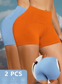 2pcs Women Outdoor Casual Colored Skinny 3/4 Length Shorts, Summer Fashion Commuting Fitness Cycling Shorts, Light Blue & Orange