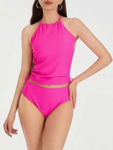 Charming Women Bikini Set, Neck Hanger Sleeveless Backless Crop Tops Solid Color Panties For Summer, Women Clothing - 玫紅色 - 查看 5