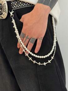 Accesorio de cadena de cintura con perlas falsas de estilo punk, cadena de cintura de múltiples capas con colgante de borla, joyería de cintura para hombre, regalo para fiesta de hip hop