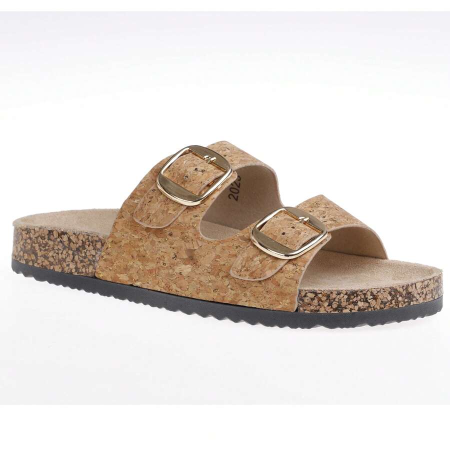 Women's Slip-On Cork Sandals With Double Adjustable Buckle Straps And Comfort Footbed - Cork - View 1
