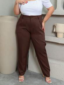 Plus Size Tailored Trousers With Button GG To G3 - Coffee Brown - View 2