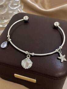 1Pc 18K Gold Plated Ocean Open Bracelet For Women - Luxury Nautical Starfish Shell Charm With CZ Stones, Adjustable Boho Beach Jewelry, Mother's Day Gift, Summer Vacation Travel Essential, Graduation Present, Teacher Gifts