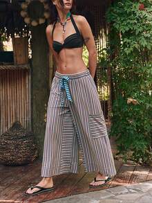 Women's Drawstring Striped Trousers Loose Wide Leg Casual Trousers Casual Paraiso Trousers With Pockets Trousers - 淺灰紫 - 查看 3