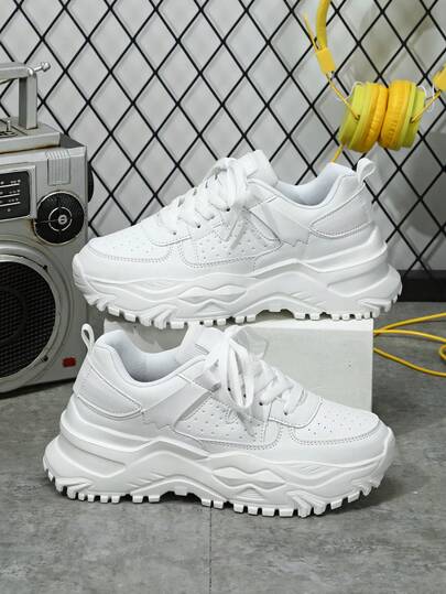 Versatile White Sports Sneakers For Men, Fashion Wedge Heel Casual Shoes For Vacation, Holiday, Gift, Streetwear, Low-Top Chunky Sneakers, Student Casual Trainers, Great For Casual Jeans Sports Style