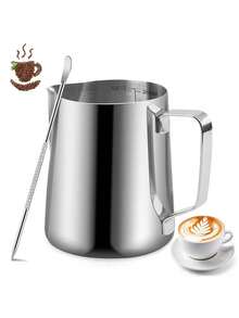 1 套不锈钢牛奶壶，不锈钢牛奶壶，带刻度和配件，咖啡师拿铁艺术笔，适用于卡布奇诺和拿铁，浓缩咖啡，回到学校