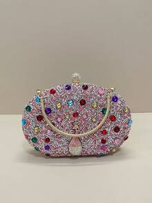 Rhinestone Embellished Pink Evening Clutch Bag With Detachable Gold Chain, Luxury Shiny Mini Evening Bag For Women, Suitable For Formal Party, Banquet, Prom, Wedding, Cocktail Party. Can Be Paired With Party Dresses, Evening Gowns, And Sequin Outfits. - Pink - View 3