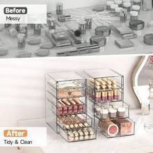 Organizador de cajones de maquillaje TAIMASI con 16 cajones, 4 sets de organización y almacenamiento de escritorio de oficina de acrílico, organizador de cajones a prueba de polvo para oficina, encimera, baño, dormitorio, almacenamiento para volver a la escuela - transparente - Ver 4