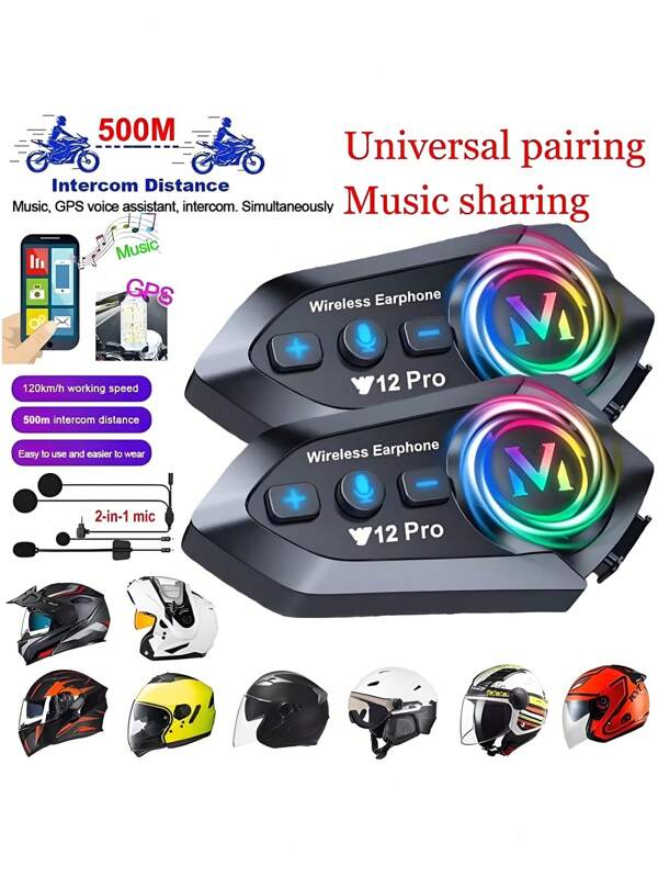 2 Stücke Musik Gegensprechanlage mit Dual Bluetooth 5.4, wasserdichtes Motorrad Helm Intercom Headset, 500m Reichweite, Lautsprecher Ohrhörer