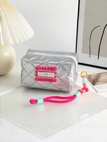 1 件可爱绗缝化妆包带手柄化妆刷收纳袋心形化妆包带绳吊坠多功能学生文具包化妆品收纳袋