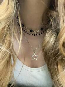 3 件套哥特式星形串珠项链套装，适合女士，不锈钢链条朋克 Y2K 颈链设计 - 銀色 - 查看 2