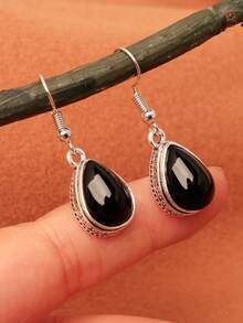 1 Pair Vintage Plated Silver Black Teardrop Faux Gemstone Earrings, Multiple Colors Available - Black - View 6