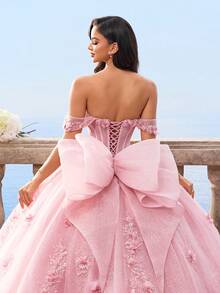 HEARBOBO Giáng sinh dễ thương 3D ren hoa thêu nơ phóng đại sang trọng váy dạ hội thanh lịch cho phụ nữ, váy cưới cổ tích cô dâu, váy dự tiệc - Hồng - Xem 5