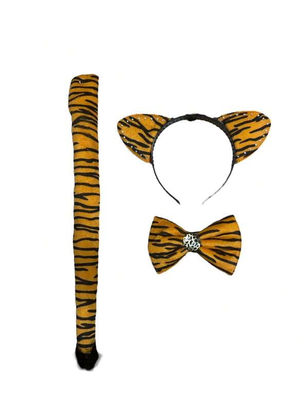 Women's Plush Leopard Print Cat Ear Headband, Bow And Tail Set, Halloween Costume Accessories, Animal Theme, Home Decor, Cosplay