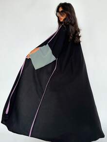 1 件时尚简约撞色袖饰女士纯色中东风格长裙优雅开衫长款阿巴亚连衣裙，适合日常和节日场合 - 紫色 - 查看 6