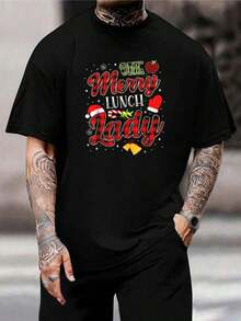 Camiseta navideña divertida de cocinera de comedor - Camiseta de agradecimiento festivo para mujeres, maestras, personal de cafetería y jóvenes - Camiseta de manga corta con cuello redondo y estampado de cuadros - Negro - Ver 1