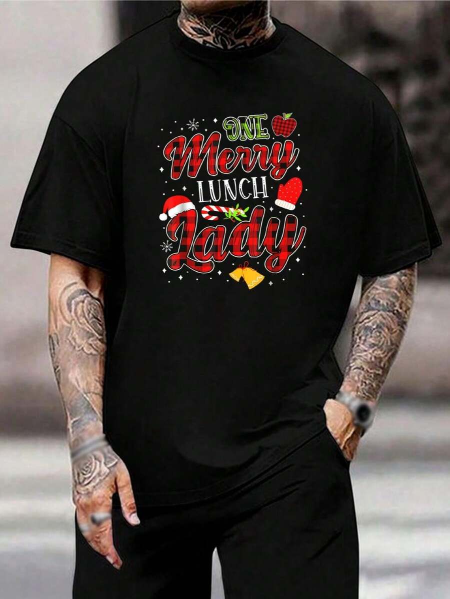 Camiseta navideña divertida de cocinera de comedor - Camiseta de agradecimiento festivo para mujeres, maestras, personal de cafetería y jóvenes - Camiseta de manga corta con cuello redondo y estampado de cuadros - Negro - Ver 1