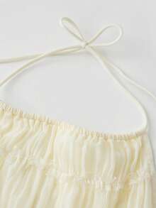 Women Sexy Smocked Two Piece Outfits Y2k Bubble Mini Skirt Set Ruched Halter Tops Sleeveless Backless Camisole Crop Tank Tops And Lace Trim Pleated Ruffle Short Skirts Sets Summer Beach Vacation Party Club Streetwear - Màu be - Xem 5