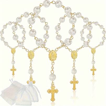 20 颗迷你念珠洗礼念珠手指洗礼念珠仿珍珠 10 颗珠链配 10 颗欧根纱袋用于洗礼婚礼派对礼品洗礼礼物圣餐礼物