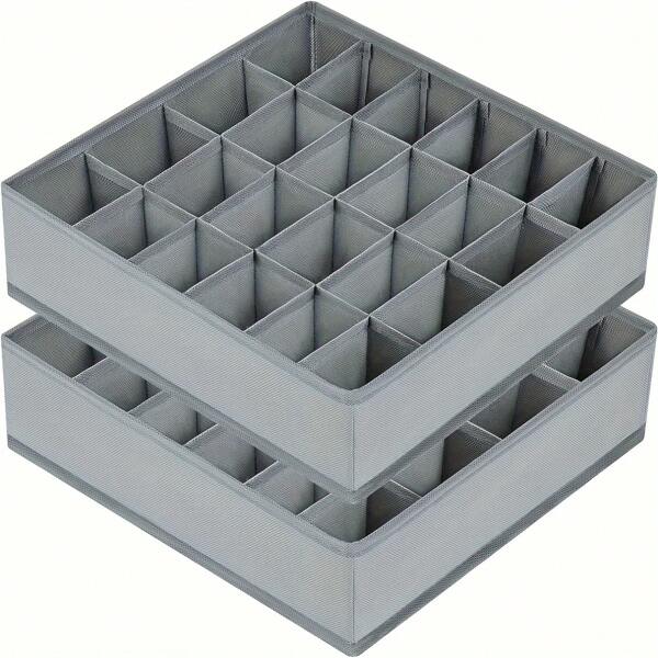 2 Pcs Gray Fabric Storage Boxes With 24 Compartments, Foldable And Stackable For Socks, Ties And Underwear Organization - Space Saving Drawer Divider, Suitable For Home, Closet Organization And Storage