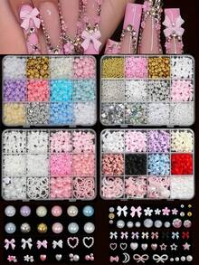 12件/盒 3D美甲装饰套装，包含树脂蝴蝶结美甲饰品、5款3D扁平珍珠（白色、蓝色、黑色、彩色、粉色美甲装饰水钻），适合女性和女孩，DIY美甲装饰钻石，美甲用品，适用于家庭美甲沙龙和手机，混合尺寸，美甲装饰宝石
