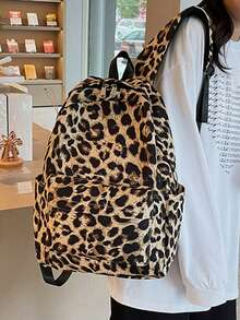 Mochila con estampado de leopardo, estilo Kawaii, diseño sencillo, gran capacidad, ligera, adecuada para estudiantes universitarios, estudiantes de secundaria, mujeres - Marrón - Ver 11