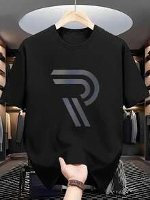 Kaos Lengan Pendek Leher Bulat Kasual Pria Ukuran Besar dengan Cetakan Huruf, Musim Panas - Hitam - View 1