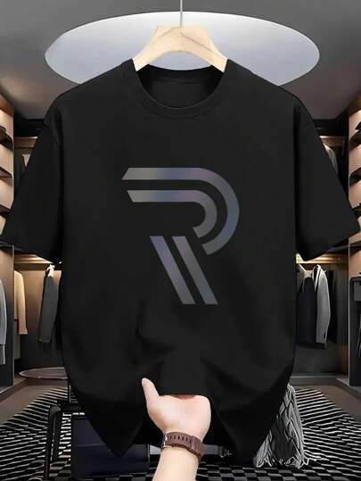 Plus Size Men's Casual Letter Print Round Neck Short Sleeve T-Shirt, Summer