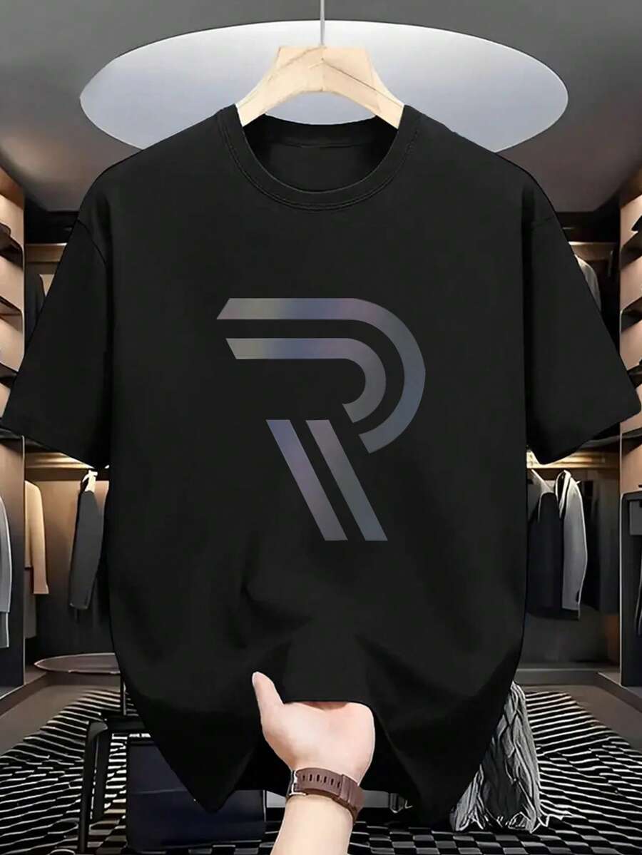 Kaos Lengan Pendek Leher Bulat Kasual Pria Ukuran Besar dengan Cetakan Huruf, Musim Panas - Hitam - View 1