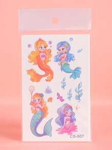 Set de 6 tatuajes temporales brillantes de sirena, tatuajes de dibujos animados a prueba de agua y sudor, desechables para niños en cara, brazo, cintura, pecho, pierna, abdomen, cuello, mano, dedo, espalda para fiestas, actuaciones, Día del Niño, arte corporal moderno. - Multicolor - Ver 6