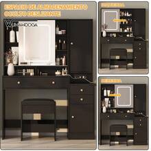 Gran tocador con espejo iluminado deslizante y taburete, mesa de maquillaje con soporte para secador de pelo - Negro - Ver 3