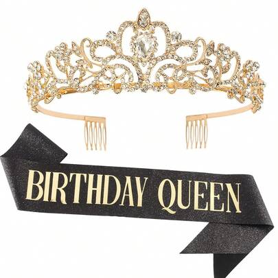 Corona de tiara con cristales brillantes y oro, faja de reina de cumpleaños en negro y oro, y accesorios para el cabello con cristales y purpurina para decoración de fiesta de cumpleaños de mujeres
